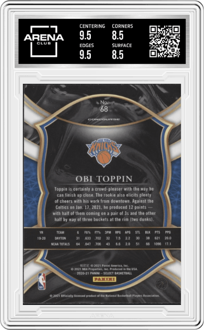 Obi Toppin from the 2020-21 Panini Select  set graded by Arena Club and given an overall grade of 9.