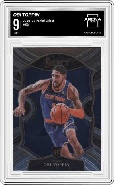 Obi Toppin from the 2020-21 Panini Select  set graded by Arena Club and given an overall grade of 9.