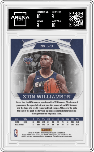 Zion Williamson from the 2019-20 Panini Chronicles  set graded by Arena Club and given an overall grade of 9.5.