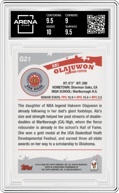 Abi Olajuwon from the 2006 Topps McDonald's set featuring a All-American parallel graded by Arena Club and given an overall grade of 9.5.