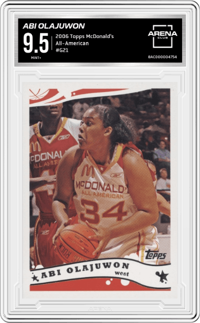Abi Olajuwon from the 2006 Topps McDonald's set featuring a All-American parallel graded by Arena Club and given an overall grade of 9.5.