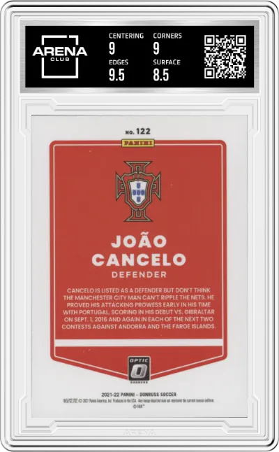 João Cancelo from the 2021-22 Panini Donruss Road to Qatar set graded by Arena Club and given an overall grade of 9.