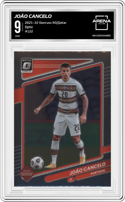 João Cancelo from the 2021-22 Panini Donruss Road to Qatar set graded by Arena Club and given an overall grade of 9.