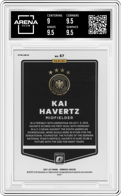 Kai Havertz from the 2021-22 Panini Donruss Road to Qatar set featuring a Red Velocity parallel graded by Arena Club and given an overall grade of 9.5.