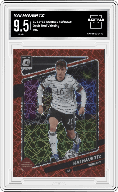 Kai Havertz from the 2021-22 Panini Donruss Road to Qatar set featuring a Red Velocity parallel graded by Arena Club and given an overall grade of 9.5.