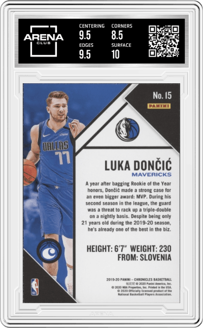 Luka Doncic from the 2019-20 Panini Chronicles  set graded by Arena Club and given an overall grade of 9.