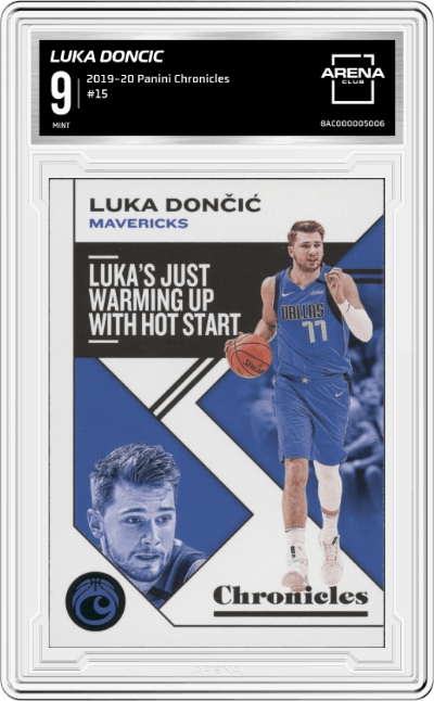 Luka Doncic from the 2019-20 Panini Chronicles  set graded by Arena Club and given an overall grade of 9.