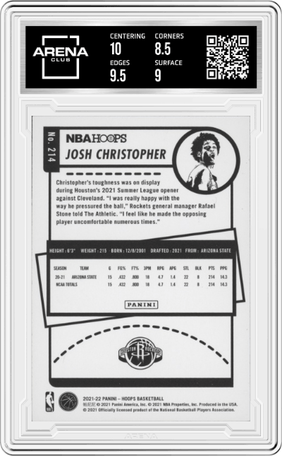 Josh Christopher from the 2021-22 Panini NBA Hoops set graded by Arena Club and given an overall grade of 9.