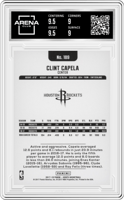 Clint Capela from the 2017-18 Panini NBA Hoops Basketball set graded by Arena Club and given an overall grade of 9.5.