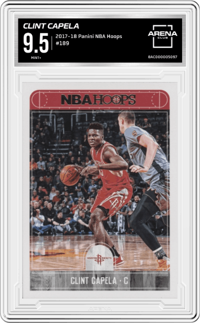 Clint Capela from the 2017-18 Panini NBA Hoops Basketball set graded by Arena Club and given an overall grade of 9.5.