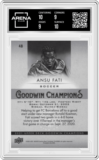 Ansu Fati from the 2021 Upper Deck Goodwin Champions set graded by Arena Club and given an overall grade of 9.5.