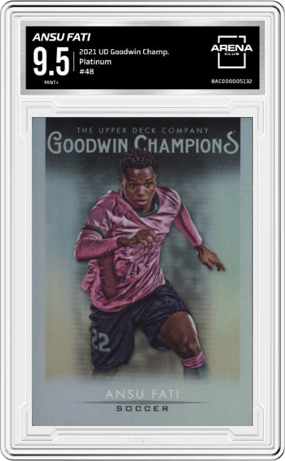 Ansu Fati from the 2021 Upper Deck Goodwin Champions set graded by Arena Club and given an overall grade of 9.5.