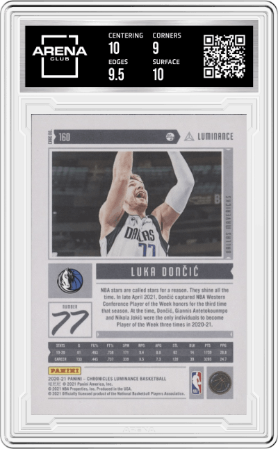 Luka Doncic from the 2020-21 Panini Chronicles set graded by Arena Club and given an overall grade of 9.5.