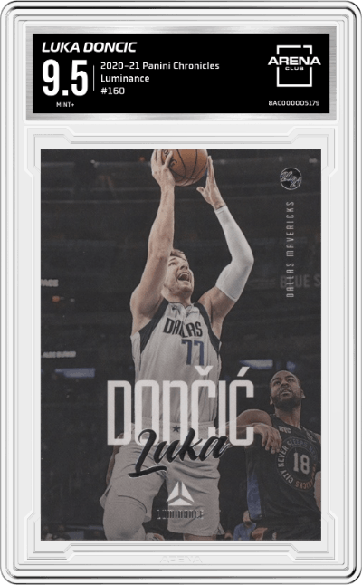 Luka Doncic from the 2020-21 Panini Chronicles set graded by Arena Club and given an overall grade of 9.5.
