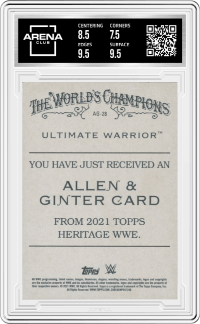 Ultimate Warrior from the 2021 Topps WWE Heritage  set graded by Arena Club and given an overall grade of 8.