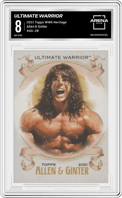 Ultimate Warrior from the 2021 Topps WWE Heritage  set graded by Arena Club and given an overall grade of 8.