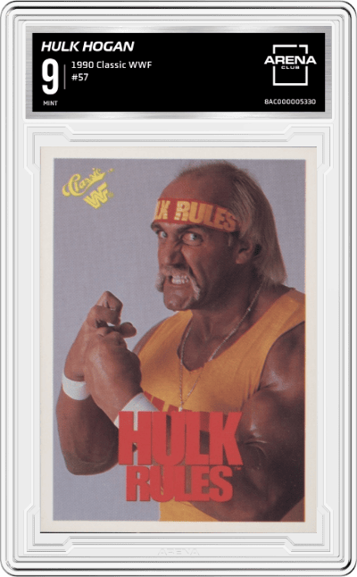 Hulk Hogan from the 1990 Classic WWF set graded by Arena Club and given an overall grade of 9.