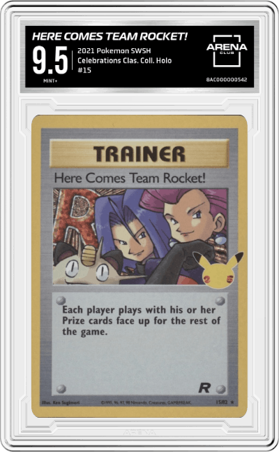 Here Comes Team Rocket! from the 2021 Pokemon SWSH set graded by Arena Club and given an overall grade of 9.5.