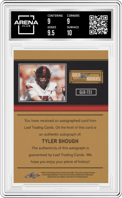 Tyler Shough from the 2021 Leaf Memories set featuring a Silver Spectrum parallel graded by Arena Club and given an overall grade of 9.5.