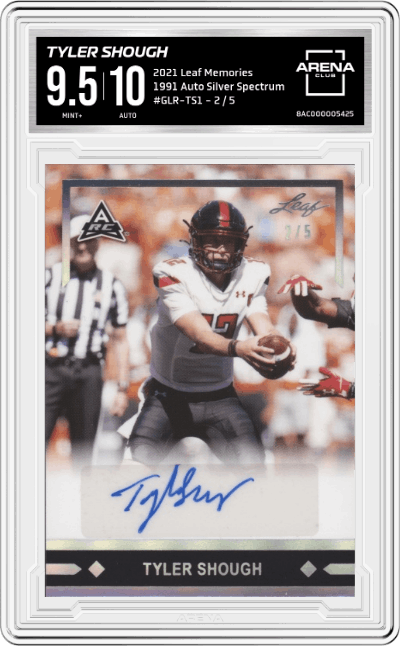 Tyler Shough from the 2021 Leaf Memories set featuring a Silver Spectrum parallel graded by Arena Club and given an overall grade of 9.5.