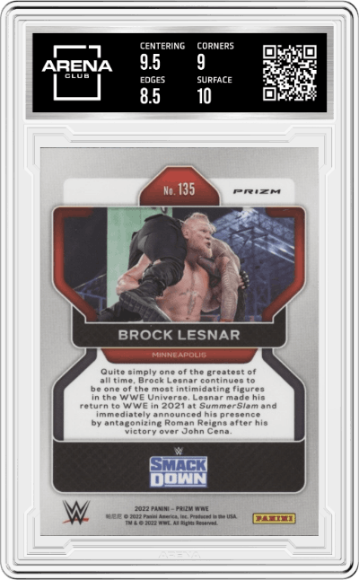 Brock Lesnar from the 2022 Panini Prizm WWE Debut Edition Wrestling set graded by Arena Club and given an overall grade of 9.