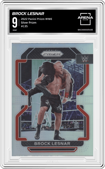 Brock Lesnar from the 2022 Panini Prizm WWE Debut Edition Wrestling set graded by Arena Club and given an overall grade of 9.