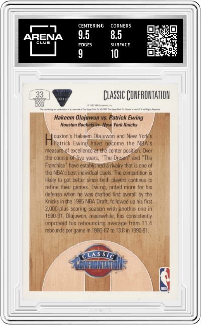 Olajuwon/Ewing from the 1991-92 Upper Deck set graded by Arena Club and given an overall grade of 9.