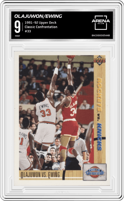 Olajuwon/Ewing from the 1991-92 Upper Deck set graded by Arena Club and given an overall grade of 9.