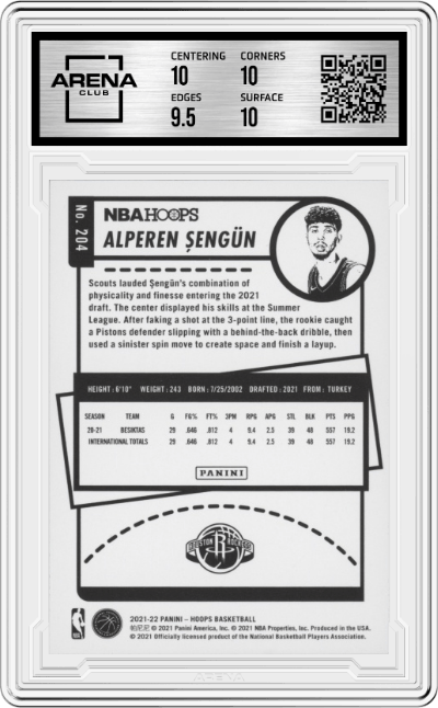 Alperen Sengun from the 2021-22 Panini NBA Hoops set graded by Arena Club and given an overall grade of 10.