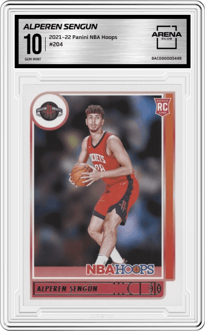 Alperen Sengun from the 2021-22 Panini NBA Hoops set graded by Arena Club and given an overall grade of 10.