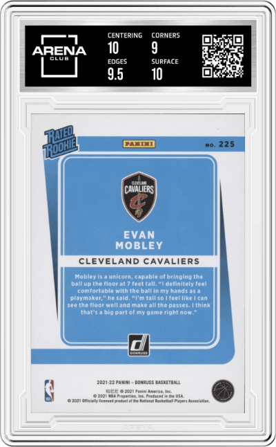 Evan Mobley from the 2021-22 Panini Donruss set graded by Arena Club and given an overall grade of 9.5.
