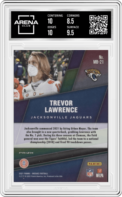 Trevor Lawrence from the 2021 Panini Mosaic set graded by Arena Club and given an overall grade of 9.