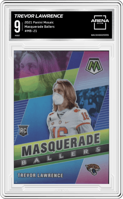 Trevor Lawrence from the 2021 Panini Mosaic set graded by Arena Club and given an overall grade of 9.