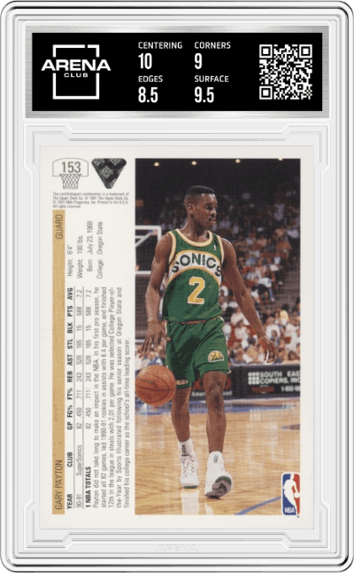 Gary Payton from the 1991-92 Upper Deck set graded by Arena Club and given an overall grade of 9.