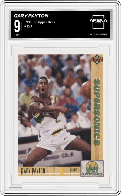 Gary Payton from the 1991-92 Upper Deck set graded by Arena Club and given an overall grade of 9.