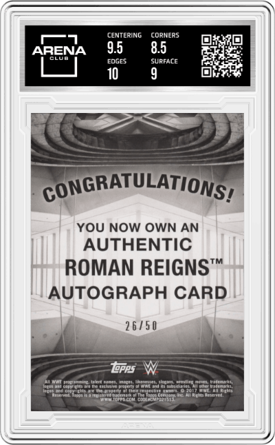 Roman Reigns from the 2017 Topps WWE Road to WrestleMania  set featuring a Blue parallel graded by Arena Club and given an overall grade of 9.