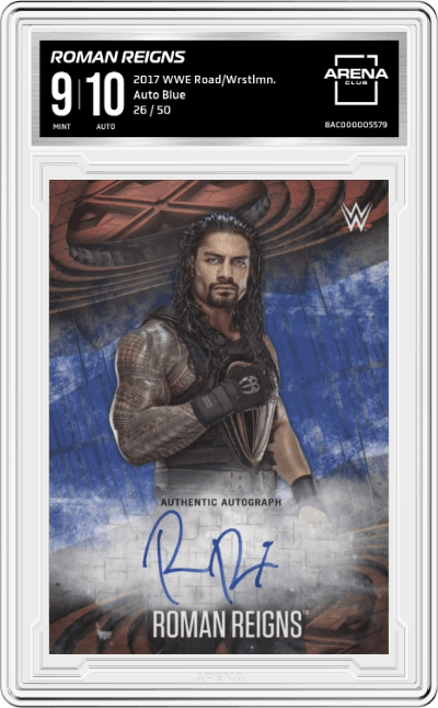 Roman Reigns from the 2017 Topps WWE Road to WrestleMania  set featuring a Blue parallel graded by Arena Club and given an overall grade of 9.