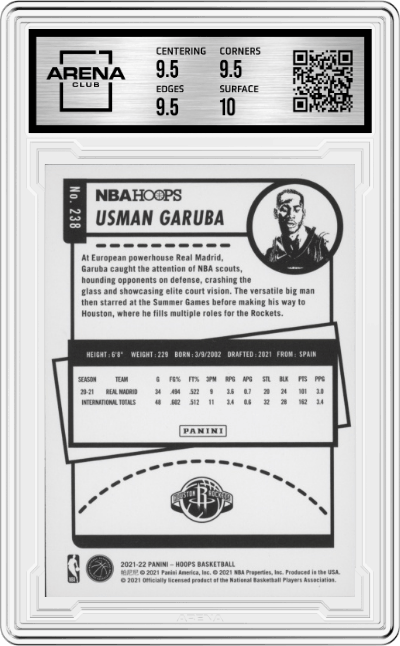 Usman Garuba from the 2021-22 Panini NBA Hoops set graded by Arena Club and given an overall grade of 10.