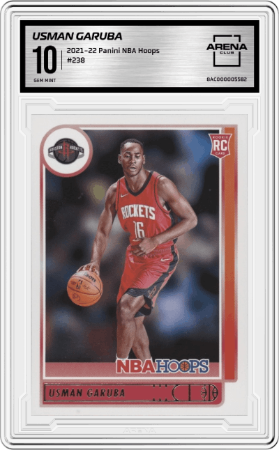 Usman Garuba from the 2021-22 Panini NBA Hoops set graded by Arena Club and given an overall grade of 10.