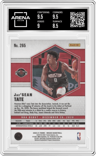 Jae'Sean Tate from the 2020-21 Panini Mosaic set graded by Arena Club and given an overall grade of 9.