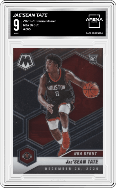 Jae'Sean Tate from the 2020-21 Panini Mosaic set graded by Arena Club and given an overall grade of 9.