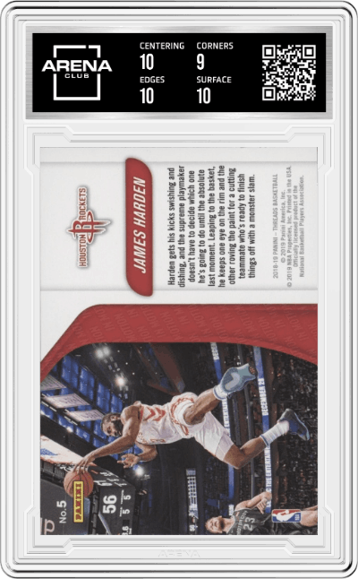 James Harden from the 2018-19 Panini Threads  set featuring a Dazzle parallel graded by Arena Club and given an overall grade of 9.5.