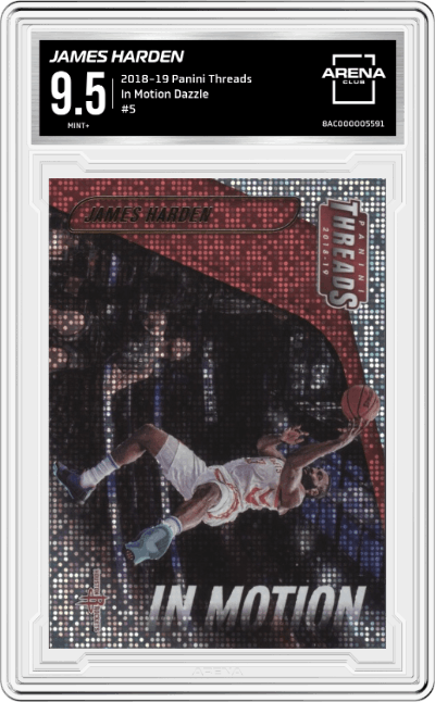 James Harden from the 2018-19 Panini Threads  set featuring a Dazzle parallel graded by Arena Club and given an overall grade of 9.5.
