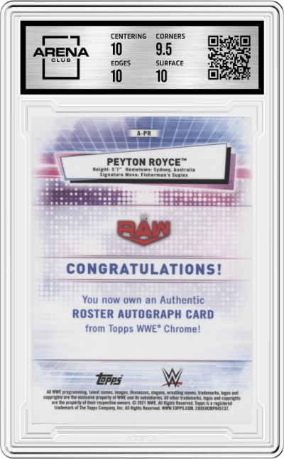 Peyton Royce from the 2021 Topps Chrome WWE Wrestling set graded by Arena Club and given an overall grade of 10.