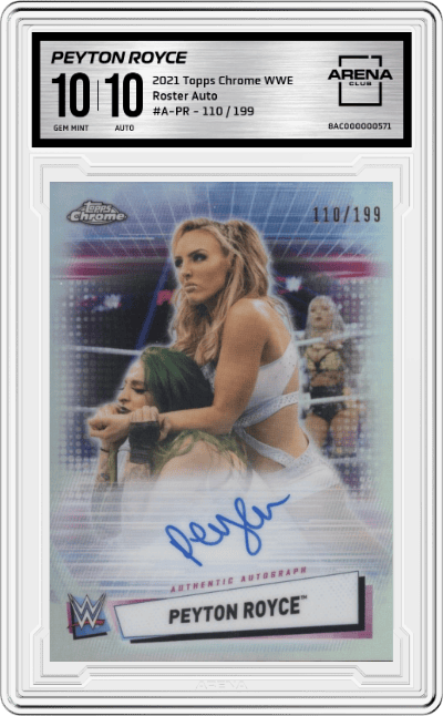 Peyton Royce from the 2021 Topps Chrome WWE Wrestling set graded by Arena Club and given an overall grade of 10.