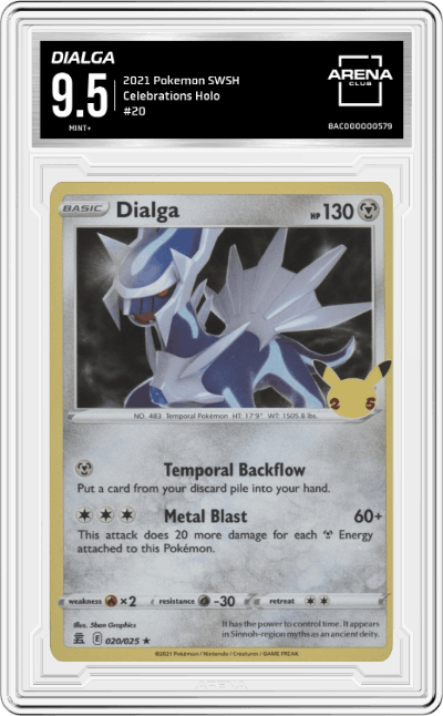 Dialga from the 2021 Pokemon SWSH set graded by Arena Club and given an overall grade of 9.5.