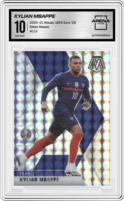 Kylian Mbappe from the 2020-21 Mosaic UEFA Euro 2020
 set featuring a Silver Mosaic parallel graded by Arena Club and given an overall grade of 10.