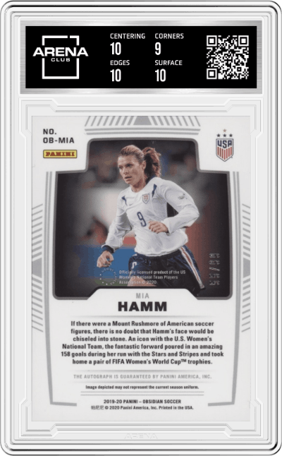 Mia Hamm from the 2019-20 Panini Obsidian set graded by Arena Club and given an overall grade of 9.5.
