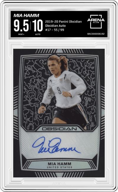 Mia Hamm from the 2019-20 Panini Obsidian set graded by Arena Club and given an overall grade of 9.5.