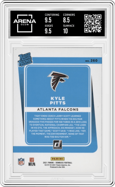 Kyle Pitts from the 2021 Panini Donruss set featuring a Purple parallel graded by Arena Club and given an overall grade of 9.